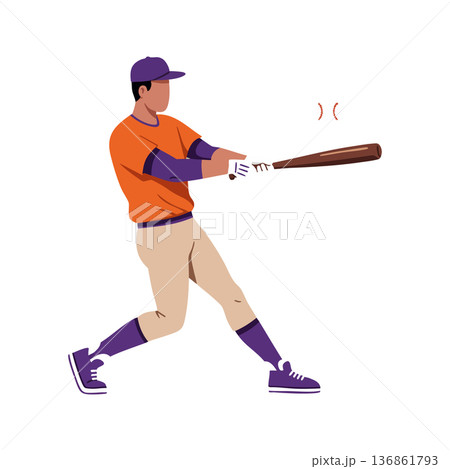 Baseball player hitting ball with bat in action dynamic pose vector illustration 136861793