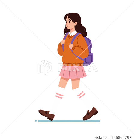 Schoolgirl walking with purple backpack wearing orange sweater and pink skirt vector illustration 136861797