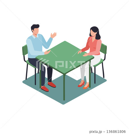 Two people sitting at green table having conversation in casual clothing with modern isometric style Two people sitting at green table having conversation in casual clothing with modern isometric style 136861806