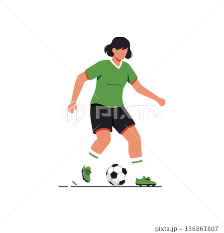 Female soccer player kicking ball in green sportswear isolated on white background vector illustration 136861807