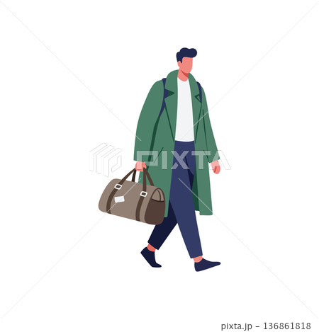 Man walking with green coat and brown duffle bag carrying travel essentials vector illustration 136861818