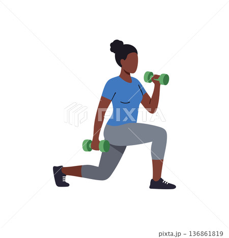 Woman exercising with dumbbells in blue shirt and gray leggings performing lunges fitness workout vector illustration 136861819