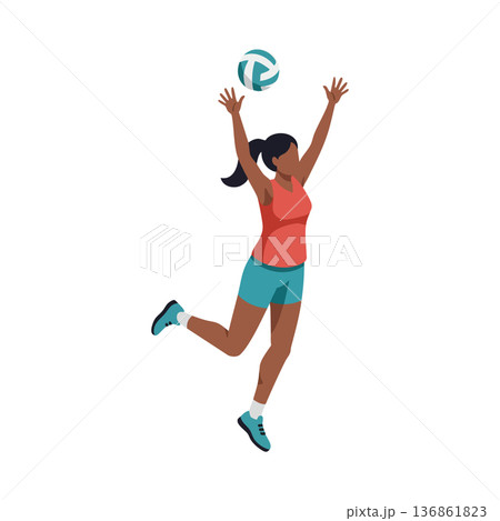 Woman playing volleyball jumping and hitting ball in action pose for sport and fitness activity vector illustration Woman playing volleyball jumping and hitting ball in action pose for sport and fitness activity vector illustration 136861823