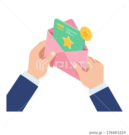 Hands holding pink envelope with green star card and gold coin reward concepts for recognition and achievement vector illustration 136861824