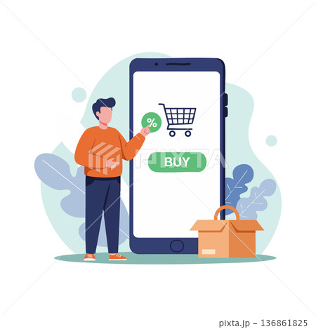 Online shopping app with man holding discount icon standing near smartphone and cardboard box for e-commerce purchase concept Online shopping app with man holding discount icon standing near smartphone and cardboard box for e-commerce purchase concept 136861825