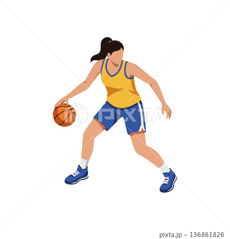 Female basketball player dribbling ball in yellow tank top and blue shorts active sports illustration Female basketball player dribbling ball in yellow tank top and blue shorts active sports illustration 136861826