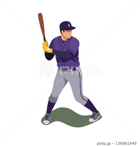Baseball player in purple uniform preparing to swing bat during game vector illustration 136861840