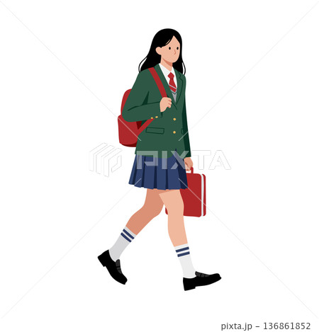 Schoolgirl walking with backpack and briefcase in uniform casual style vector illustration Schoolgirl walking with backpack and briefcase in uniform casual style vector illustration 136861852
