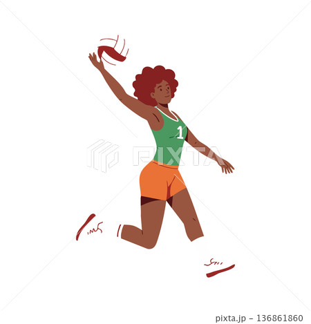 Female volleyball player jumping and hitting volleyball with powerful spike in active sports scene vector illustration Female volleyball player jumping and hitting volleyball with powerful spike in active sports scene vector illustration 136861860