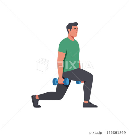 Man performing lunges exercise with dumbbells for strength training and fitness improvement in gym workout vector illustration 136861869