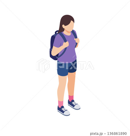 Girl standing with backpack wearing purple shirt and blue shorts casual summer outfit vector illustration Girl standing with backpack wearing purple shirt and blue shorts casual summer outfit vector illustration 136861890