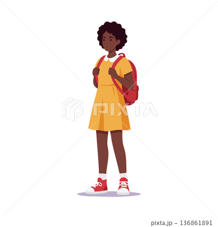 Girl with red backpack wearing yellow dress and red sneakers standing vector illustration 136861891