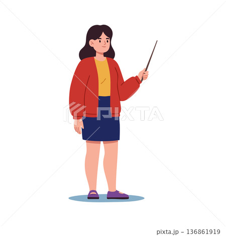 Woman holding pointer stick standing in casual outfit with red jacket and blue skirt vector illustration Woman holding pointer stick standing in casual outfit with red jacket and blue skirt vector illustration 136861919