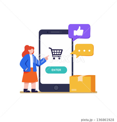 Online shopping mobile app with woman pointing at cart icon and package box vector illustration Online shopping mobile app with woman pointing at cart icon and package box vector illustration 136861928