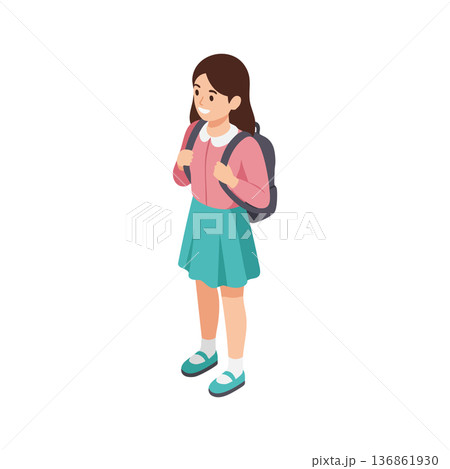 Young girl carrying backpack standing in casual school outfit vector illustration with teal skirt and pink sweater 136861930