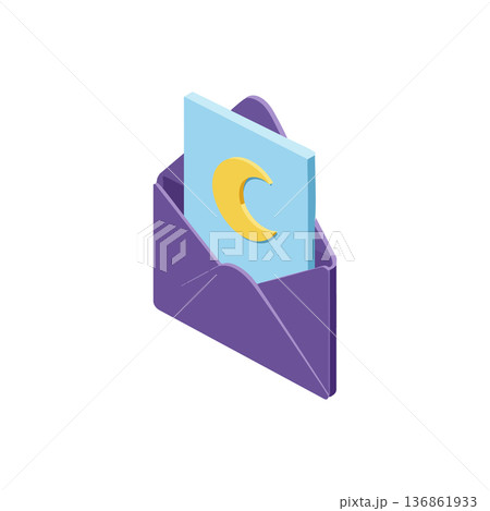 Isometric purple envelope with blue card featuring crescent moon icon for night and sleep concept vector illustration Isometric purple envelope with blue card featuring crescent moon icon for night and sleep concept vector illustration 136861933