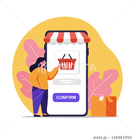 Online shopping mobile app with woman confirming basket purchase and delivery box vector illustration 136861950