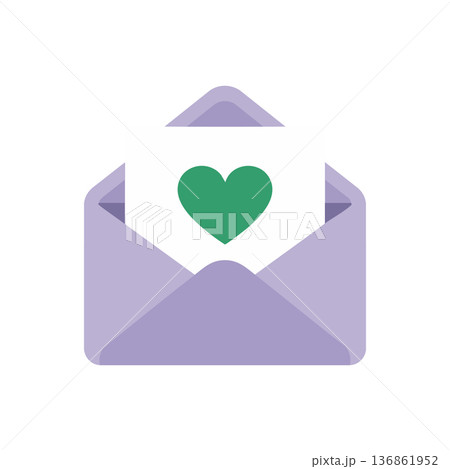Open purple envelope with white card displaying green heart symbol for love message vector illustration 136861952