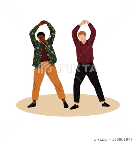 Two men stretching exercise vector illustration with casual clothing and diverse ethnicity fitness activity Two men stretching exercise vector illustration with casual clothing and diverse ethnicity fitness activity 136861977