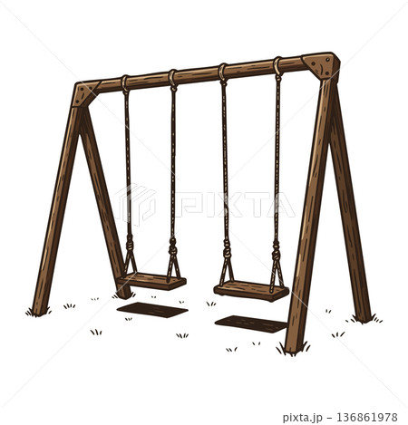 Wooden swing set with two seats hanging in outdoor playground vector illustration of classic playground equipment 136861978