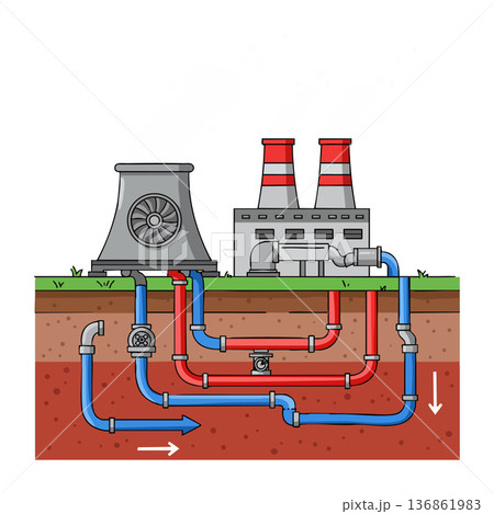 Industrial power plant with underground pipeline system and cooling tower detailed vector illustration for engineering and energy sectors Industrial power plant with underground pipeline system and cooling tower detailed vector illustration for engineering and energy sectors 136861983