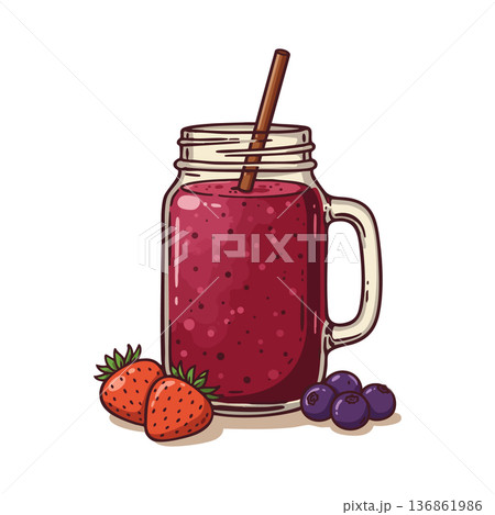 Berry smoothie in glass jar with straw and fresh strawberries and blueberries natural fruit drink vector illustration 136861986