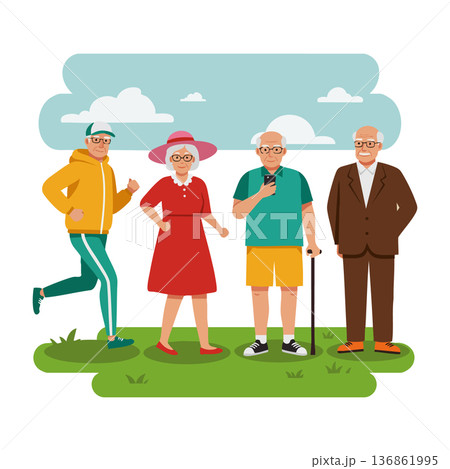 Group of active senior people enjoying outdoor activities with diverse clothing styles and accessories in park setting 136861995