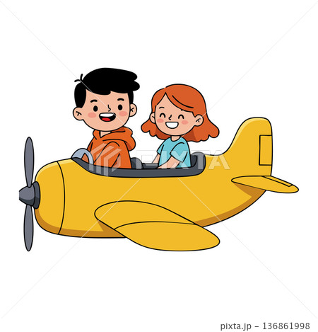 Children flying yellow airplane enjoying happy travel and adventure vector illustration Children flying yellow airplane enjoying happy travel and adventure vector illustration 136861998