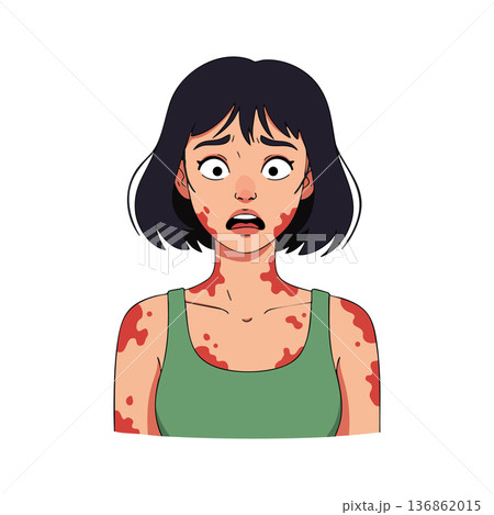 Young woman with skin rash and worried expression in green top vector illustration in portrait style 136862015