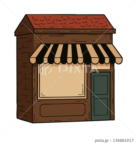 Small wooden shop with striped awning and green door in vintage style vector illustration 136862017