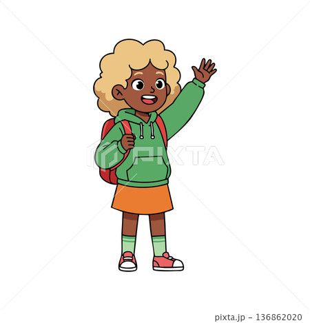 Young cheerful girl with curly hair wearing green hoodie orange skirt and red backpack waving hand vector illustration 136862020