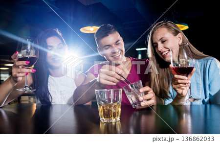 Cheerful friends in the pub. Drinking beer, wine and whisky Cheerful friends in the pub. Drinking beer, wine and whisky 136862033