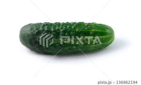 One fresh green cucumber on a white background in isolation, closeup shot 136862194