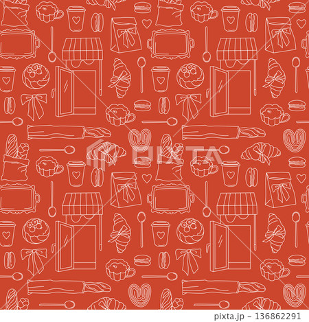 Hand-drawn seamless pattern for French bakery branding and packaging, pastry and coffee and bread in line art style on red Hand-drawn seamless pattern for French bakery branding and packaging, pastry and coffee and bread in line art style on red 136862291