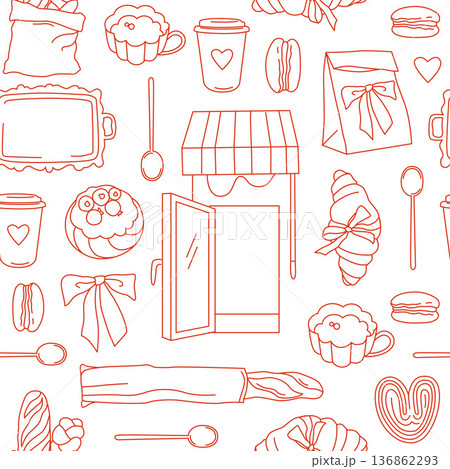 Hand-drawn seamless pattern for French bakery branding and packaging, pastry and coffee and bread in line art style Hand-drawn seamless pattern for French bakery branding and packaging, pastry and coffee and bread in line art style 136862293