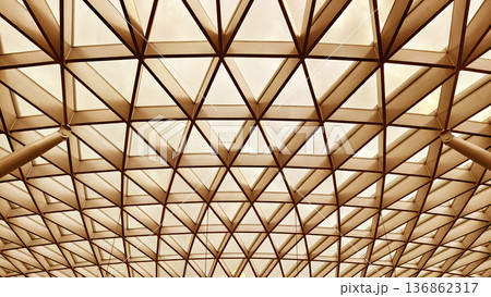 Glass canopy showcasing repeating geometric frames and day light Glass canopy showcasing repeating geometric frames and day light 136862317