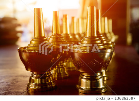 Symbols of Buddhism. South-Eastern Asia. Details of buddhist temple in Thailand. 136862397