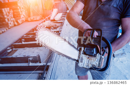 Woodcutter cutting tree with chainsaw on sawmill.  136862465