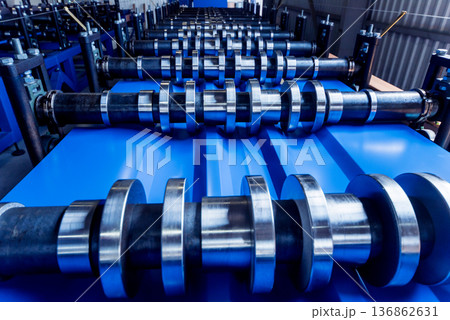 Metal sheet forming machine at the modern metalwork factory. Metal sheet forming machine at the modern metalwork factory. 136862631