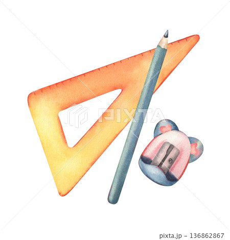 Ruler, pencil and sharpener. Hand-painted watercolor illustration isolated on white. Perfect for school branding, education materials, back to school designs, stationery packaging and planners 136862867