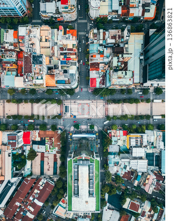 Nguyen Hue walking street in Ho Chi Minh aerial drone view, tourist attraction of asian Saigon city, Hochiminh Vietnam, directly above 136863821