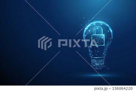 3d blue light bulb with padlock inside. Secure ideas, intellectual property protection, innovation safety, confidential concept,digital security for ideas concept. 136864220