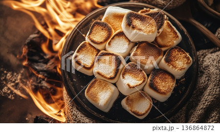 焚き火の前で皿に盛られたこんがりと焼き色のついた香ばしい焼きマシュマロ 136864872