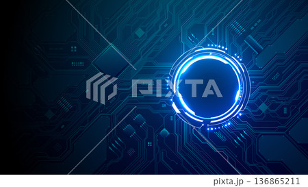 Glowing HUD portal with neon circuits and wires spreading outward Glowing HUD portal with neon circuits and wires spreading outward 136865211