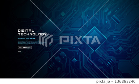 Modern circuit board background with glowing blue chip 136865240