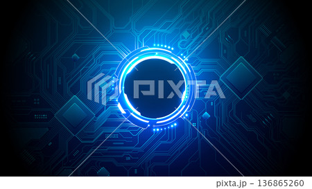 Bright neon HUD element on circuit board background. Bright neon HUD element on circuit board background. 136865260