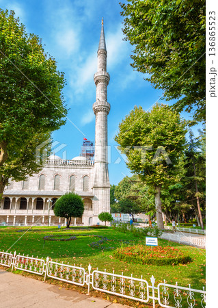 blue mosque park in istanbul. one of the most popular travel landmark in turkey. architecture and nature landscape in summer. unesco world heritage site photography 136865523