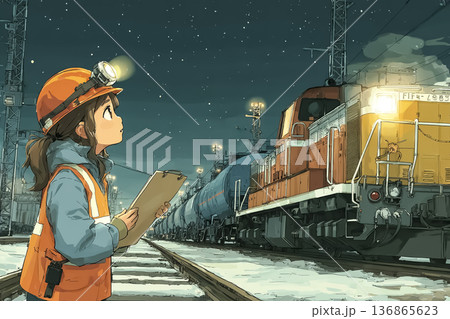 夜の貨物列車を点検する女性鉄道スタッフ 鉄道インフラの安全管理イメージ 136865623