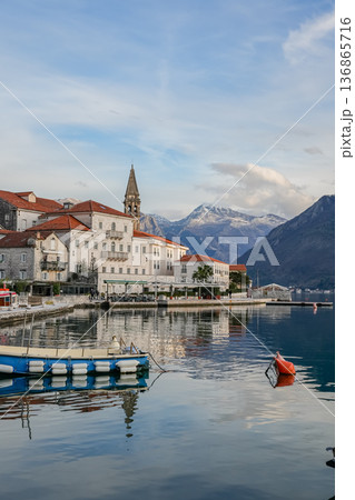 Vertical View of Perast Church Tower and Bay Vertical View of Perast Church Tower and Bay 136865716
