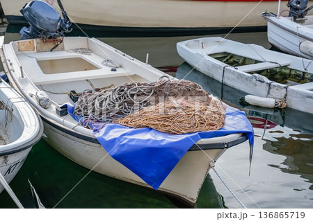 Boat Bow with Fishing Nets on Deck Boat Bow with Fishing Nets on Deck 136865719